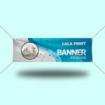 A large blue & white banner with LALA PRINT text on it and some printing machine illustration.