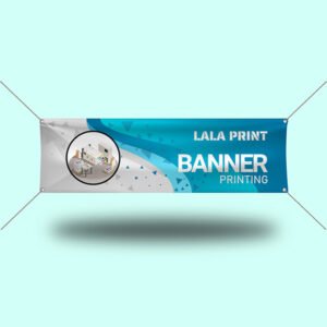 A large blue & white banner with LALA PRINT text on it and some printing machine illustration.