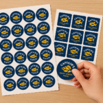 Custom seafood label stickers with fish and chips logo, navy and yellow design, one sticker being peeled by hand.