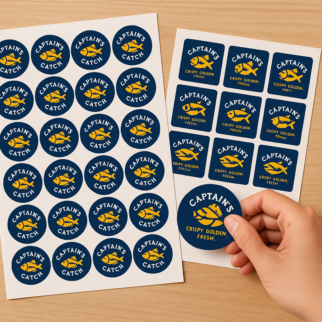 Custom seafood label stickers with fish and chips logo, navy and yellow design, one sticker being peeled by hand.