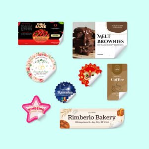 Custom printed label stickers in various shapes and designs including round, star, rectangle, and scallop edge, used for food packaging, bakery, coffee, festive events, and product branding. High-quality sticker samples by Lalaprint.my on pastel background.