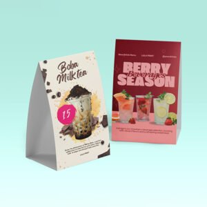 two tend cards with images of drinks for beverage shop promotion use